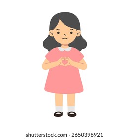 Jovem menina em vestido rosa mostrando gesto de mão em forma de coração, desenho animado minimalista para o tema de amor e bondade