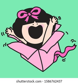 Young Girl With Pink Gift Ribbon On Head Popping Out Of A Surprise Box Concept Card Character illustration