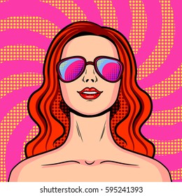 Young girl in pink glasses pop art style. Hand drawn comic book imitation vector illustration