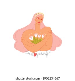 A young girl with pink hair hugs herself by the shoulders and holds flowers White tulips. Text love yourself. Body positive, self-love, valentine's day. Postcard on white background. 