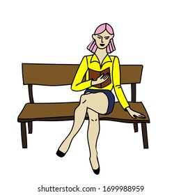 Young girl with pink hair in yellow t shirt and blue skirt reading book on bench in park, sunny day. Vector stock illustration in cartoon style.