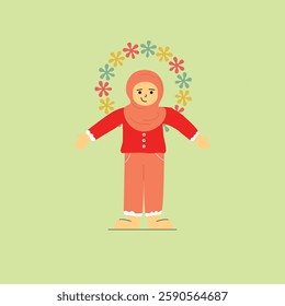 Young Girl in Pink and Red Outfit with Outstretched Arms – A Joyful Illustration Featuring a Floral Background, Perfect for Greeting Cards, Social Media, Posters, and Inspirational Designs