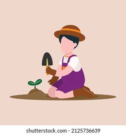 Young girl plant trees as part of afforestation. Youth work together for a better environment. Vector colorful illustration.