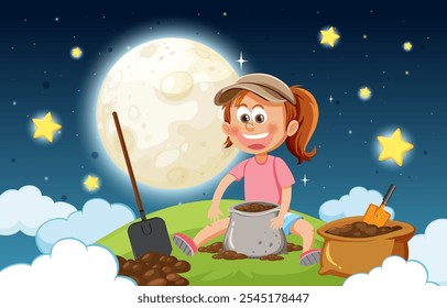 Young girl planting seeds beneath a bright moon