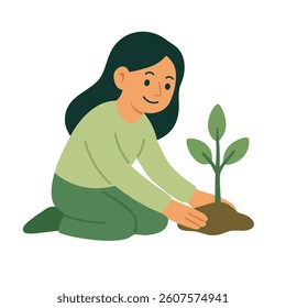 Young girl planting a small green tree in the ground, symbolizing care for nature and environment.