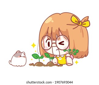 Young girl planting tree cartoon illustration