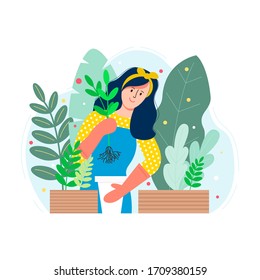 A young girl plants a flower in a pot. Vector flat illustration. Gardening and floriculture. Print for the garden center.