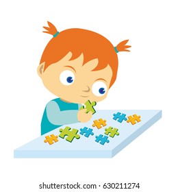 A young girl play solving puzzle together