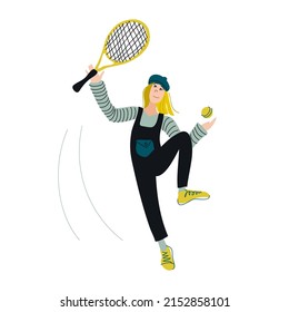 Young girl play tennis in blue black outfit, fun woman vector doodle style illustration