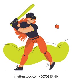 Muchacha jugando al béisbol. Ilustración plana del vector aislada en fondo blanco