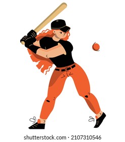 Young girl playing baseball. Vector flat illustration isolated on white background