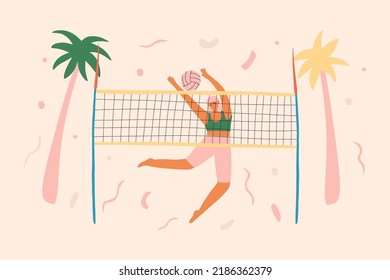 Young girl is playing beach volleyball, blocking an attack on the net. Summer healthy lifestyle concept. Vector illustration for sports school, volleyball camp, t-shirt, flyer and more.