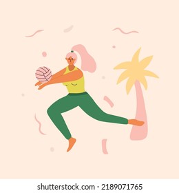 Young girl is playing beach volleyball, receives a volleyball after an opponent's attack. Summer healthy lifestyle concept. Vector illustration for sports school, volleyball camp, t-shirt, flyer.