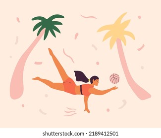 Young Girl Is Playing Beach Volleyball, Defensive Player, Forward Dive, Bump Pass In Volleyball. Summer Healthy Lifestyle Concept. Vector Illustration For Sports School, Volleyball Camp, T-shirt.