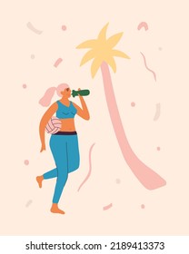 Young girl is playing beach volleyball, beach volleyball player. Miami Beach Activities. Summer healthy lifestyle concept. Vector illustration for sports school, volleyball camp, t-shirt, flyer.