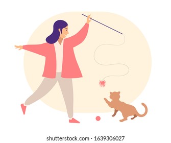 Young girl playing with cat. Funny game with little cat. Flat cartoon style illustration. Woman plays with kitten. Girl teases kitten pet toy with feathers. Toys for animal entertainment. Vector image