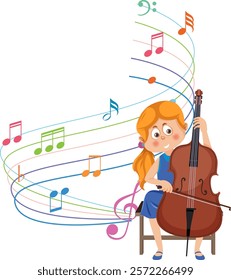 Young girl playing cello surrounded by colorful notes