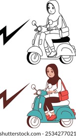 Young Girl Playing with Cellular Phone while Riding Scooter Carelessly