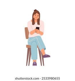 Young girl playing or chatting on phone, sitting on chair and smiling. Vector flat cartoon character, relaxed cheerful woman leisure time or activities. Lady in casual clothes at home messaging