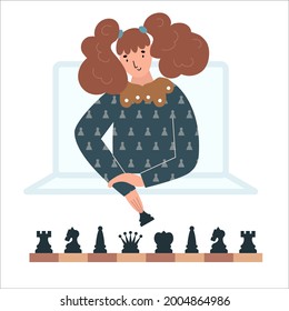 Young girl playing chess online on laptop. Virtual gaming platform concept. Cute, happy, young modern flat character vector illustration. Safe online learning, chess board design elements for web.