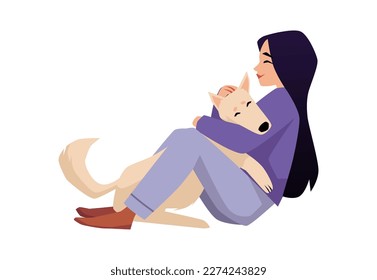 Young girl playing with dog, characters for emotional support animal and pets therapy, veterinary topics, flat vector illustration isolated on white background.