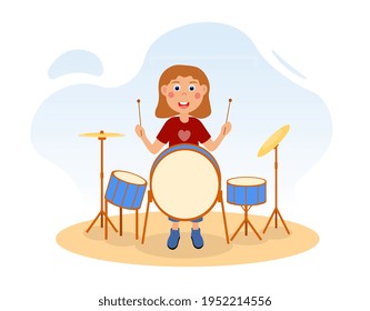 Young girl playing drum in studio. Girlsband audition. Music class. Creative activity. Flat cartoon vector illustration concept design. Simple art isolated on white background