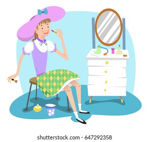 Young girl playing grown up with make-up, putting on lipstick in front of vanity table (vector flat color illustration)