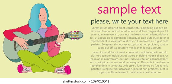 Young girl playing the guitar and composes music, teenager girl singer with guitar sitting on a floor. vector cute character.