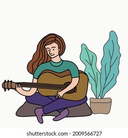 Young girl playing guitar in cozy room. Vector illustration in doodle art style for concept of hobby and entertainment activity