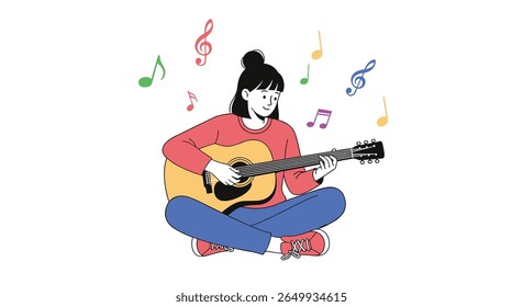 Jovem menina tocando guitarra com notas musicais flutuando em torno dela