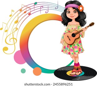Young girl playing guitar with vibrant musical notes.