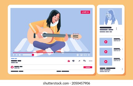 young girl playing guitar while singing in video content on video sharing channel on desktop view vector illustration. used for website image, poster and other