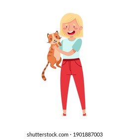 Young Girl Playing with Her Cat Pet Holding It with Arms Vector Illustration