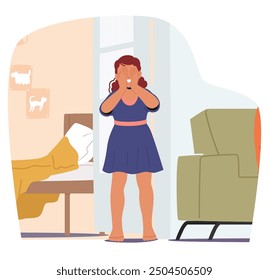 Niña Jugando Al Escondite Y Buscando En El Interior, Cubriendo Sus Ojos Mientras Cuenta En Un Acogedor Ambiente De Dormitorio Con Una Cama, Sofá Y Ambiente Lúdico. Concepto De Actividades Infantiles, De Juego Y Familiares