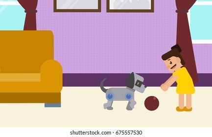 Young girl playing at home with robotic dog toy. Robotics technology concept illustration vector.
