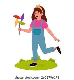 Young girl playing joyfully with a colorful pinwheel in a grassy area during a sunny day