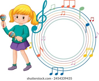 Young girl playing maracas with colorful musical notes