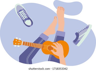 Young girl playing music on ukulele or small guitar. Hobby leisure Time Learning Concept activities. Retro concept poster