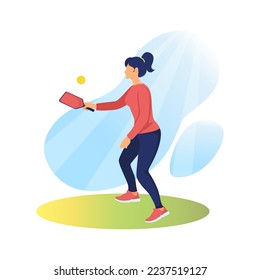 Young girl playing pickleball. Athlete, human figure with racket and ball. Outdoor sports. Active pickleball game for whole family. For any digital graphic on print design. Vector illustration