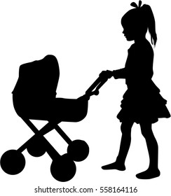 Young girl playing with a pram.