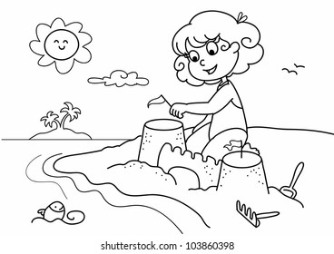 Young girl playing with sand at the beach on holiday. Coloring vector illustration.