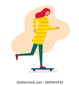 young girl playing skateboard vector illustration in flat style