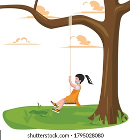 A young girl playing a swing alone at the park while using medical mask