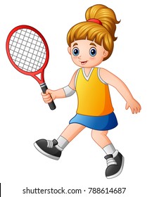 Young Girl Playing Tennis On A White Background