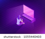 Young girl playing video games. Vector flat game illustration