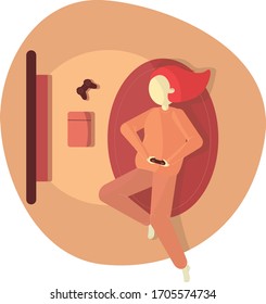 young girl playing video games lying on the floor during self-isolation. Vector illustration.