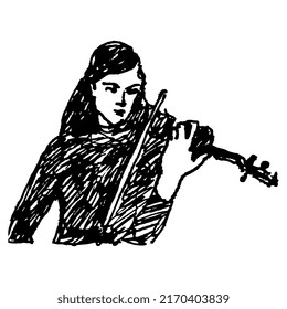 Young girl playing the violin. Hand drawn linear doodle rough sketch. Black silhouette on white background.