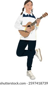 young girl playing with wooden guitar vector art