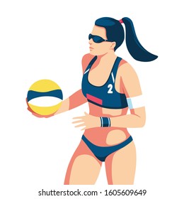 Young girl plays beach volleyball. Flat vector illustration, isolated characters on white background.