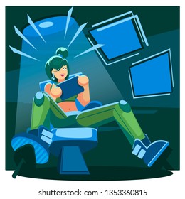 a young girl plays a game on a tablet and rejoices